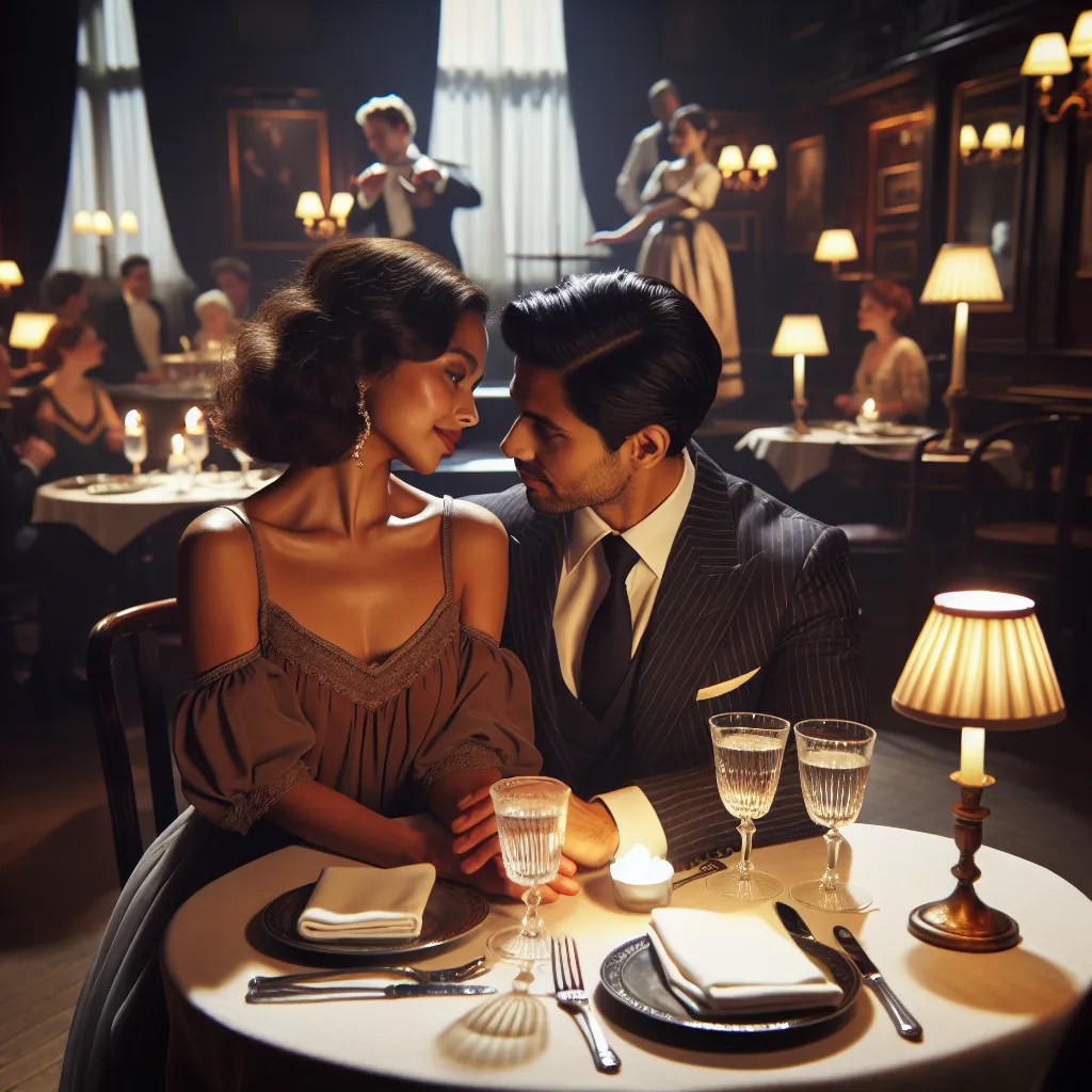 A romantic scene unfolds in the dimly lit dining room as a playful dinner theater performance leads to a tender and passionate moment between a couple.