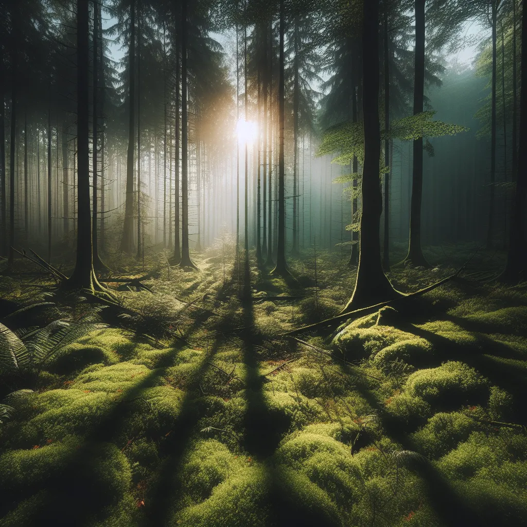 Image Description: A wide-angle shot of a misty forest at dawn, with the sun peering through the dense canopy of trees, casting long shadows on the lush, moss-covered forest floor.