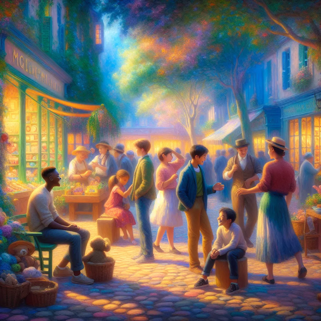 Boy, Shopping, Transformation, Mystery, Friendship in the style of Monet