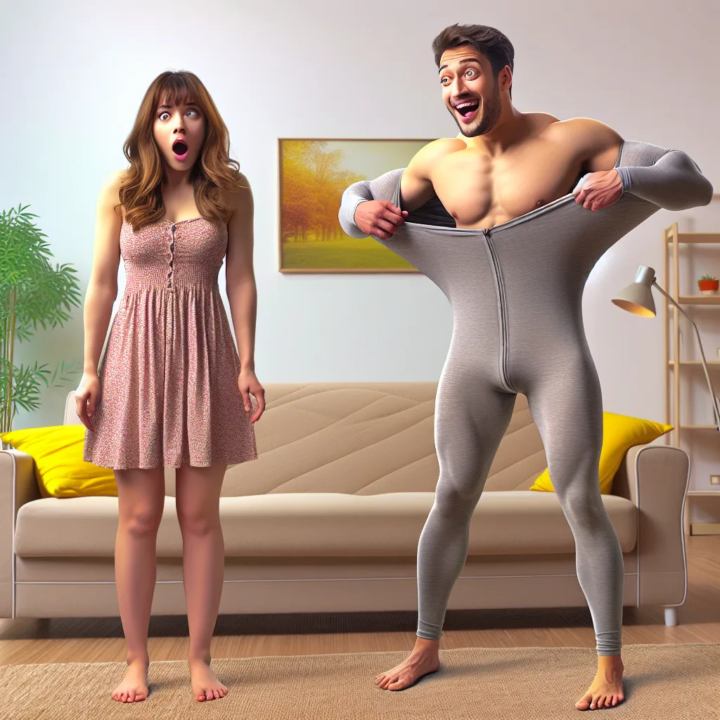 An image depicting a comical scene of two individuals, a man and a woman, who have accidentally swapped bodies using a "swap device." They are shown in a bedroom, with the woman now in the man's body, wearing only underwear and looking shocked, while the man, in the woman's body, is delightfully exploring the new experience, fondling the swapped breasts and adjusting lace panties. The absurdity of the situation is evident as they exchange bewildered and amused expressions, with the woman in the 