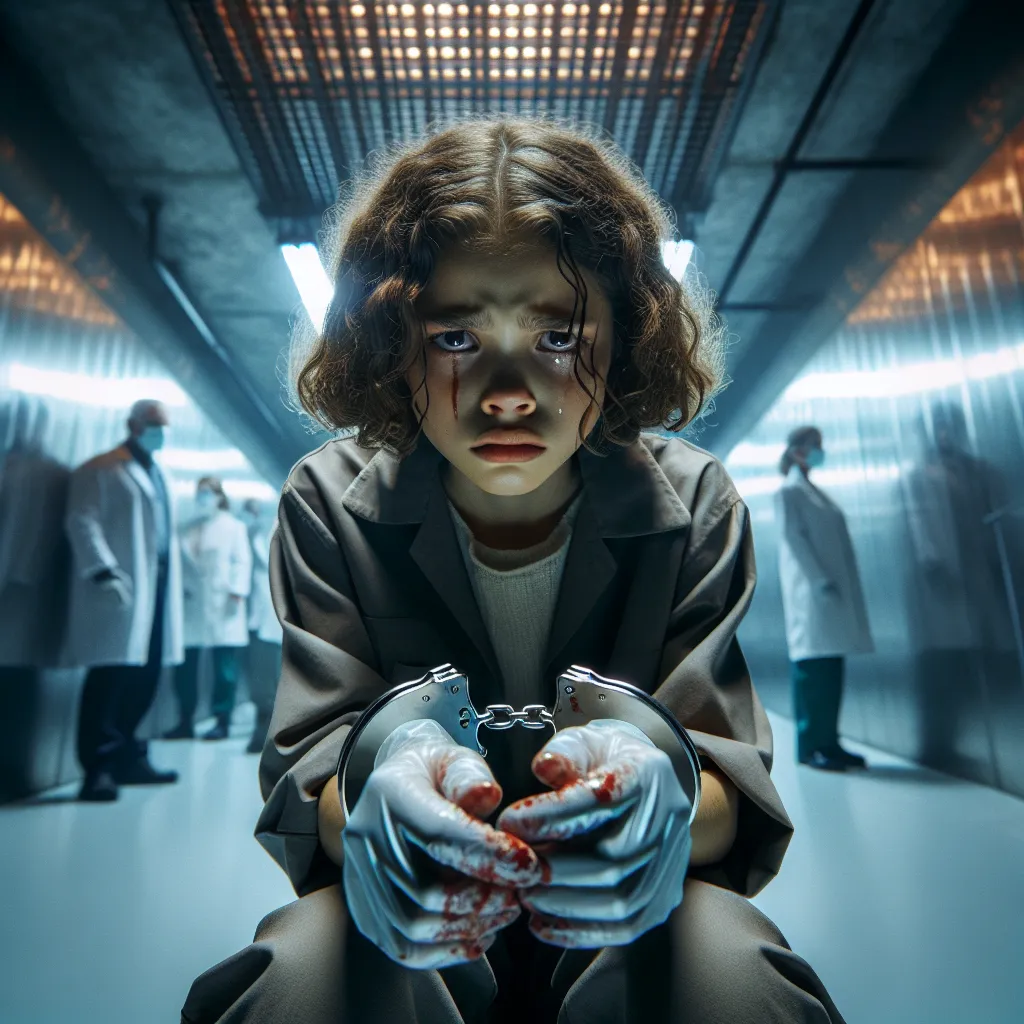 A pale, fierce young girl with bloodstained claws and tear-streaked cheeks crouches in a dim, sterile underground cell. Her platinum wrist cuffs glint coldly in the harsh fluorescent light. Behind her, shadowy steel walls and observing scientists loom. The girl's eyes are fierce but haunted, reflecting pain and defiant hope amid a cold, imprisoning facility.