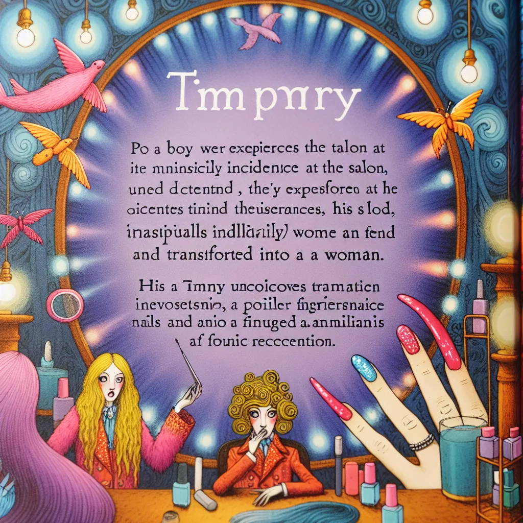 A story about a boy named Timmy who, after a magical encounter at a salon with Korean women, finds himself transformed into a woman and embarks on a new life filled with colorful blouses, painted nails, and cherished memories.
