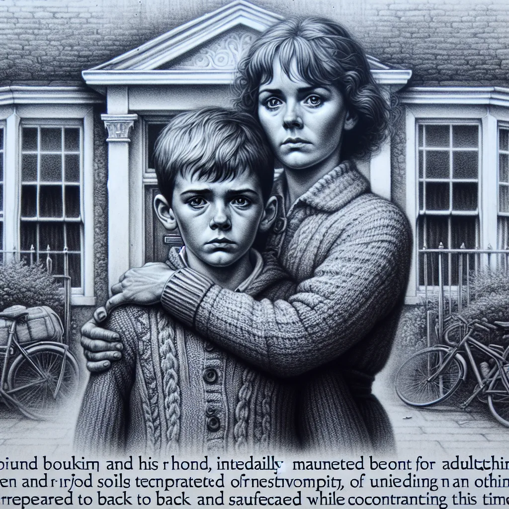 An image of a young boy named Timmy and his mother Linda, both transformed into adulthood, standing together in front of their house after a home invasion. They display a mix of fear, relief, and determination, ready to support and protect each other as they face the future together.