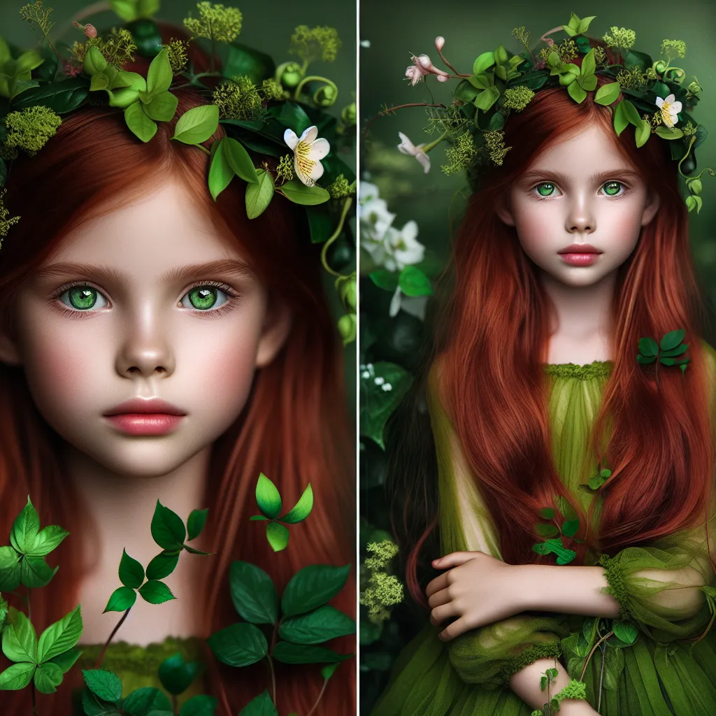 Description: An image of a young girl with long, vibrant red hair and soft green eyes. She is surrounded by lush green plants and vines, wearing a crown made of flowers and adorned in a vibrant green, living attire. Her delicate and graceful pose exudes an air of power and tranquility as she stands as the queen of the botanical gardens.