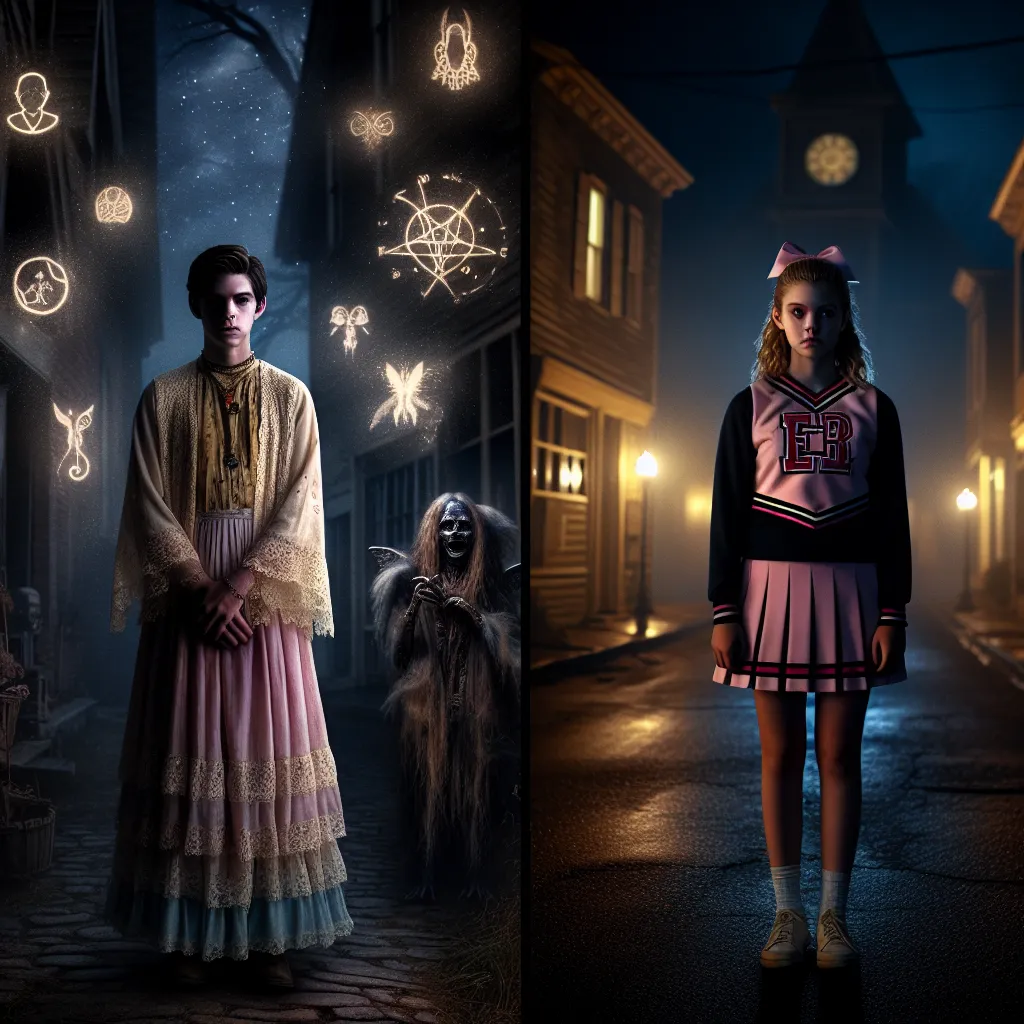 A haunting, twilight scene showing two ethereal figures side by side: on the left, Lilith as a delicate, eternally youthful girl dressed in pastel skirts and lace with ancient, mystical symbols faintly glowing on her sleeves; on the right, Casey trapped in a similar youthful feminine form, wearing a cheerleader outfit, eyes haunted yet forced into a fragile smile. They stand in a shadowy small town street lined with old buildings, with subtle magical glimmers in the air and a faint, eerie atmosp