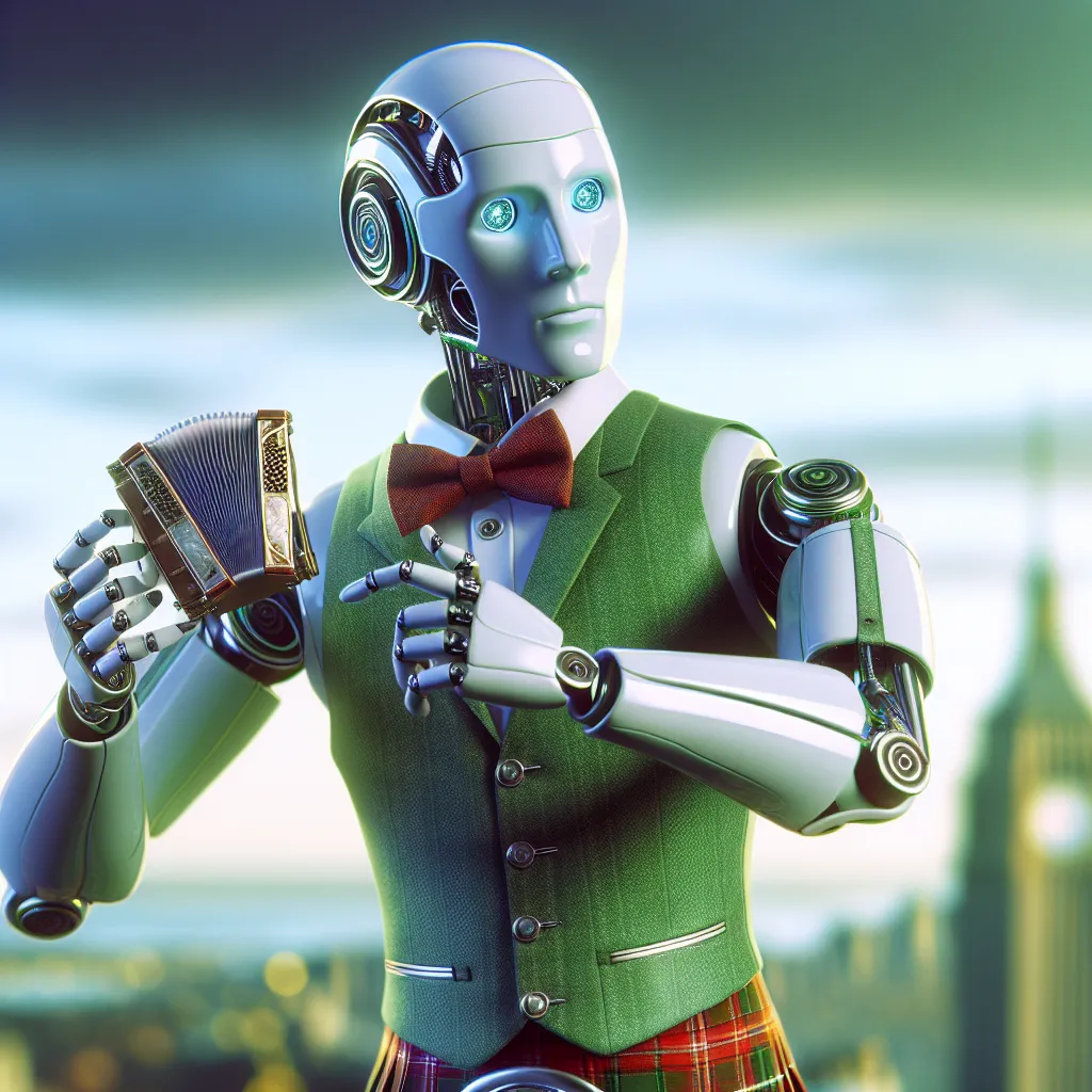 An android in traditional Gaelic clothing dancing | Write (with AI)