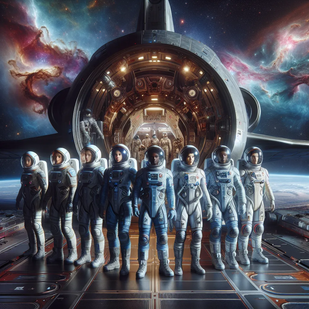 Title: "A Journey through Deep Space"

Description: The image depicts a group of astronauts boarding a sleek, advanced spacecraft for an extraordinary interstellar expedition. The astronauts, donned in futuristic spacesuits, eagerly embark on their mission amidst a backdrop of swirling nebulas and distant galaxies, evoking a sense of awe and adventure. The spacecraft's doors are wide open, revealing cutting-edge technology and the vast wonders of space awaiting their exploration.