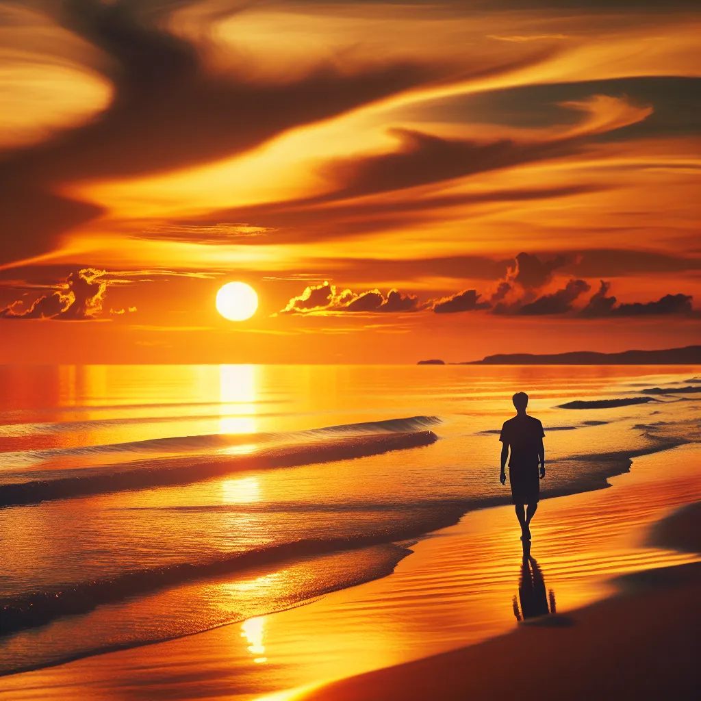 A stunning sunset over a serene beach, casting golden hues over the calm ocean waves and silhouetting a lone figure walking along the shoreline.