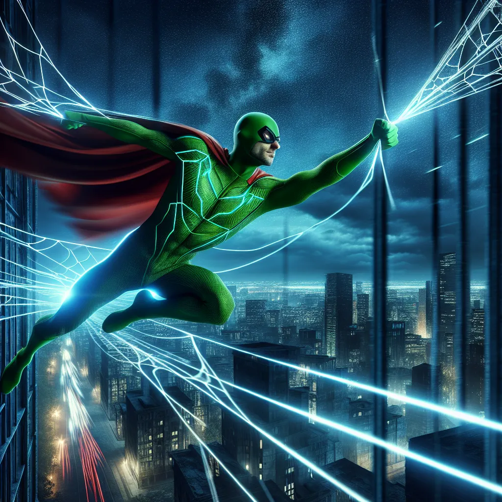 A heroic superhero in a green suit swings through the city on neon-lit webs, honoring his past and saving lives.