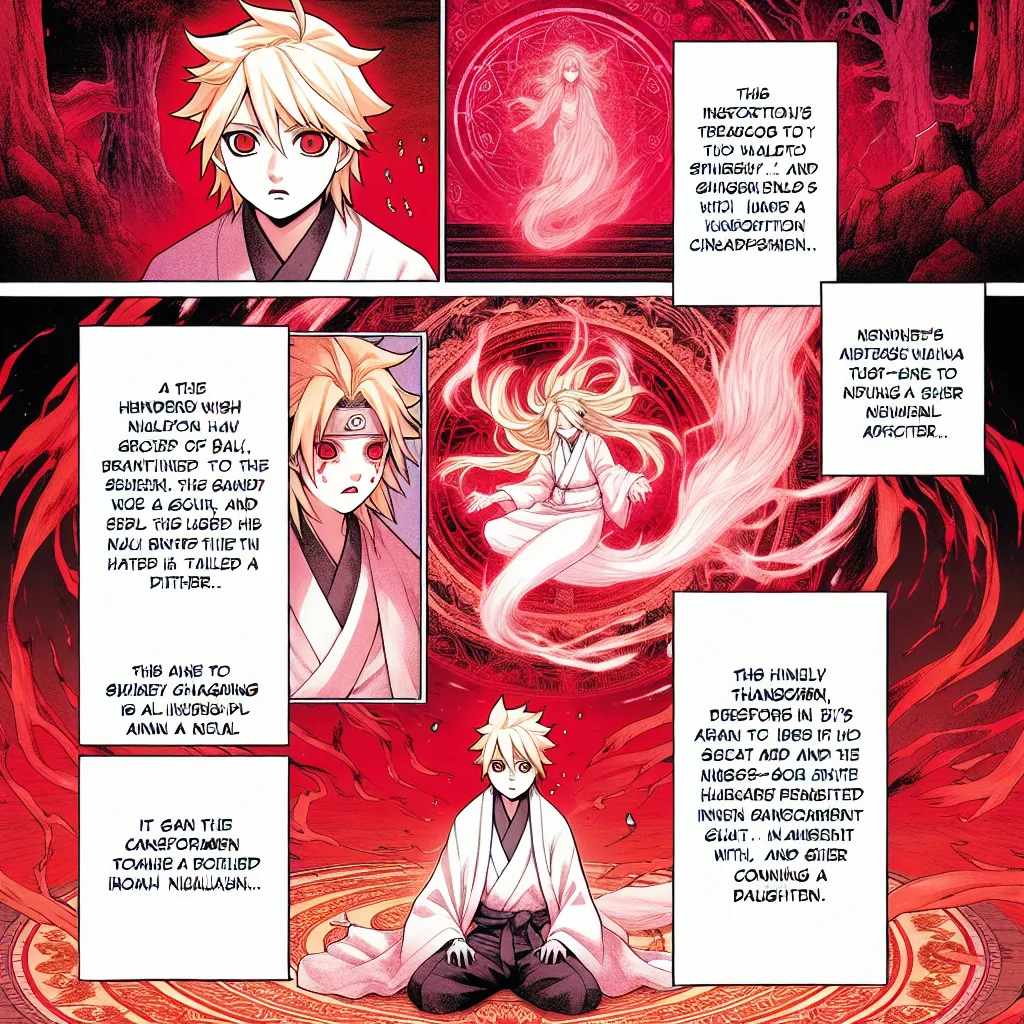 The image depicts Naruto Uzumaki within his mindscape, challenging the Nine-Tails, Kurama, as he activates a sealing jutsu. As the seal is triggered, the surroundings distort and change, unveiling a haunting crimson landscape. In the midst of this transformation, a fragmented soul emerges from the darkness—Kushina Uzumaki, Naruto's mother. She reveals her desire to have a daughter and proceeds to forcibly transform Naruto, gradually altering his physique, clothing, hair, and identity, turning hi