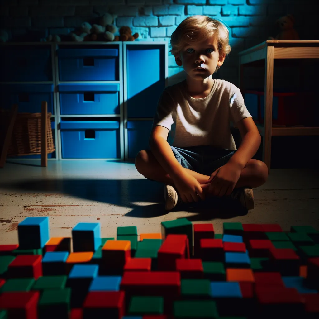 The image accompanying this story could be a depiction of a young boy with blonde hair and blue eyes sitting alone in a dimly lit room, surrounded by colorful blocks. The room could have a slight eerie atmosphere, with shadows and a sense of unease.