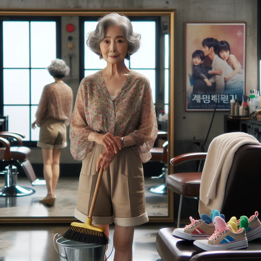 An image of an elegant Korean woman with short, wavy gray hair and hazel eyes, wearing a floral blouse and beige shorts, standing in a hair salon. She is holding a broom and dustpan and looking at a pair of abandoned children's shoes and socks. In the background, there is a mirror reflecting the empty barber chair, and the salon's walls are adorned with posters of Korean soap operas.