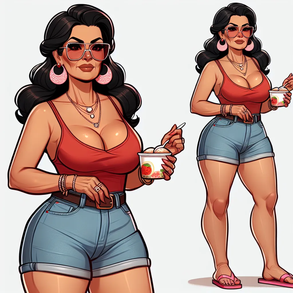 A digital illustration of Maria Martinez, a Latina woman in her sixties, wearing a red tank top, denim shorts, and pink flip flops. She has long, dark hair styled in a bun, and she is wearing oversized sunglasses and several pieces of jewelry. She is shown standing confidently with a container of food in her hand.