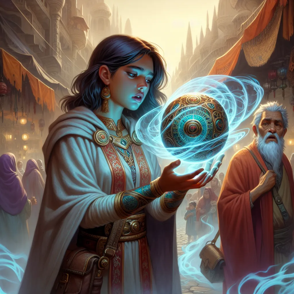 A young sorceress cradles an ornate, pulsing orb in her hands as she stands in a bustling marketplace. The artifact, known as the Orb of Whispering Echoes, holds immense power from the Age of Silence. As the sorceress mutters incredulously, the orb reacts, causing magical reverberations that ripple through the marketplace. Her mentor, an elderly wizard, warns her of the orb's dangerous potential. Suddenly, a phantasmal figure materializes from the orb, instructing the sorceress on the responsibi