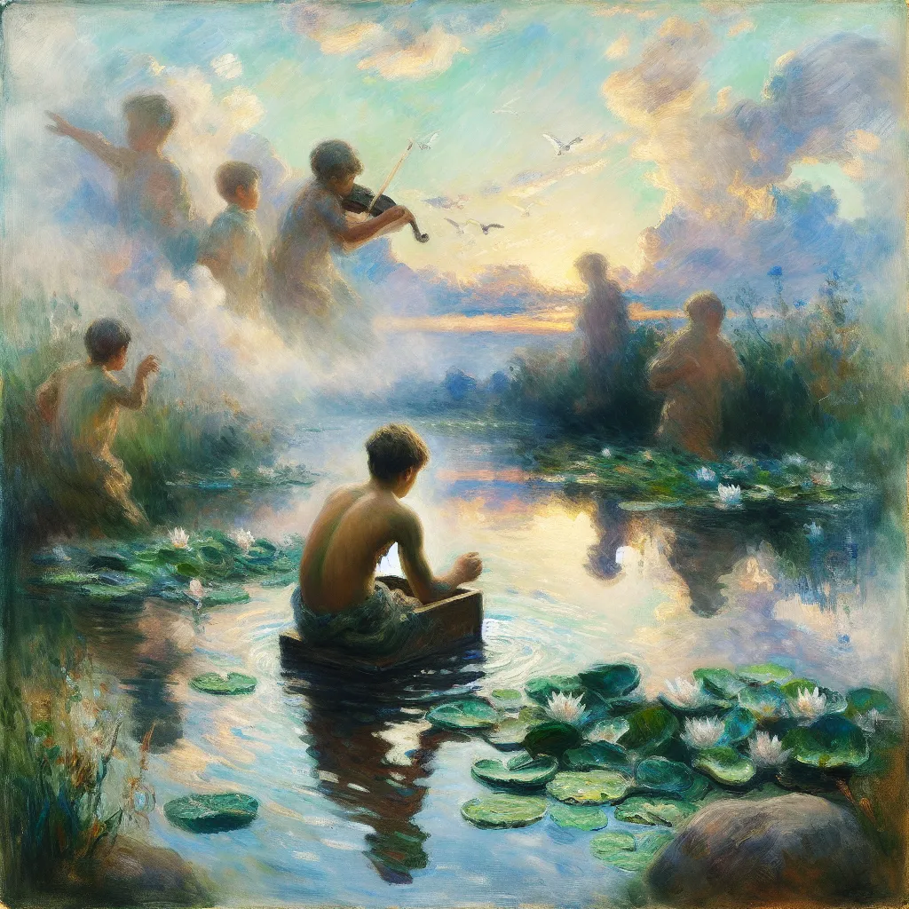 Transformation, Identity, Childhood, Music, Fame in the style of Monet