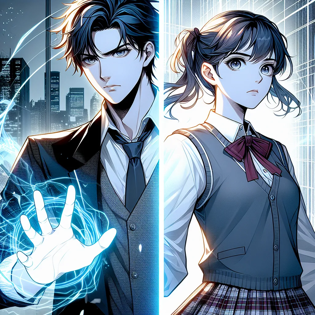 The image accompanying this story is a split image, with Kamijou Touma on the left side and Misaka Mikoto on the right side. Touma is depicted with his right hand raised, emitting a faint glow, symbolizing his Imagine Breaker ability. He has a determined and serious expression on his face. On the other side, Misaka Mikoto is shown in her Tokiwadai uniform, looking focused and determined. There is a hint of uncertainty in her eyes as she navigates her new reality. Both characters are standing aga