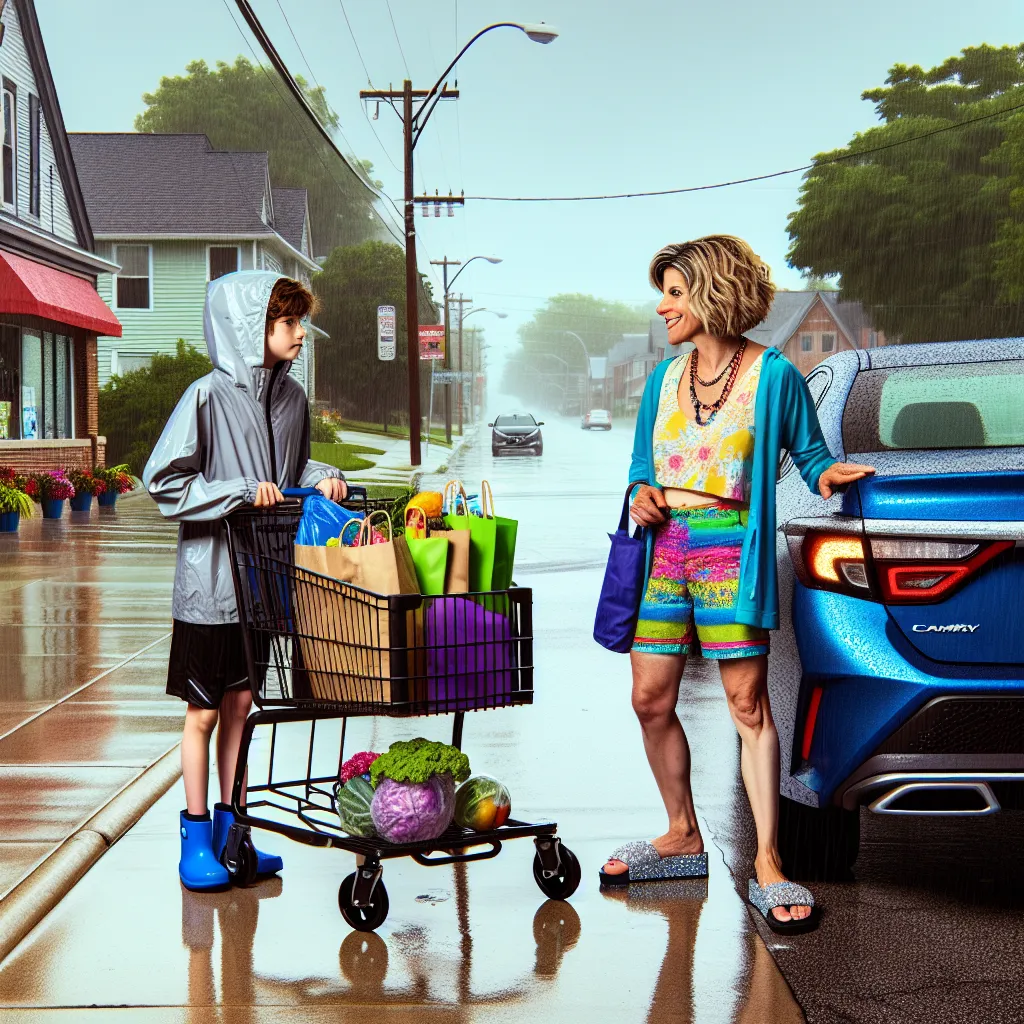 This image will need to capture the essence of a rainy curbside delivery scene outside a grocery store. It should feature a teenage boy, Ethan, interacting with a customer named Amber, who is standing next to her blue Toyota Camry. Ethan is dressed in a rain jacket and pushing a rolling cart loaded with reusable grocery bags. Amber is wearing a colorful, summer outfit that is inappropriate for the rain, including sparkly flip flops and brightly colored shorts. The setting should reflect a midwes