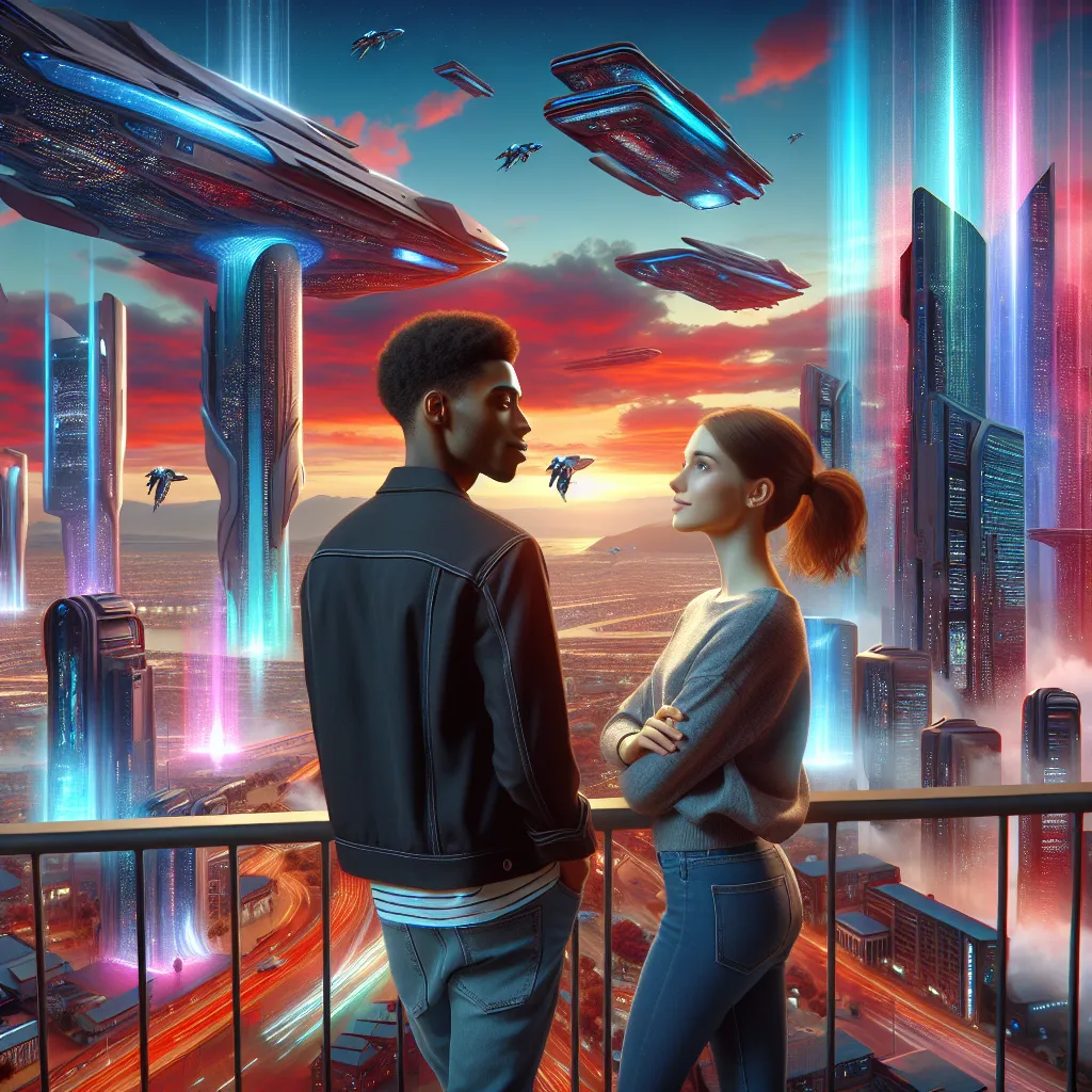 In a futuristic cityscape, a young couple gazes at each other under a colorful sky filled with floating skyscrapers and shimmering holographic displays.