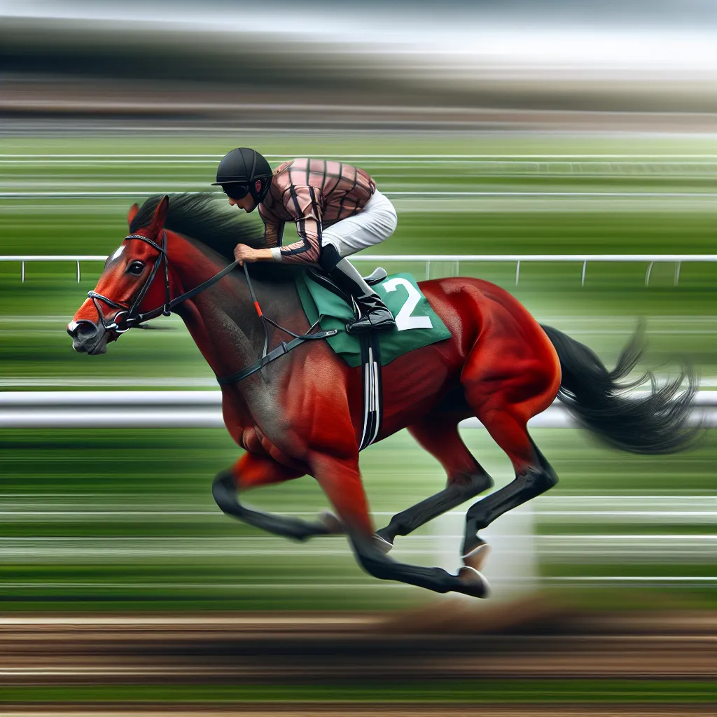 An image of a chestnut filly with a jockey on its back racing on a racetrack, surrounded by a blurred background of green turf and gray sky.