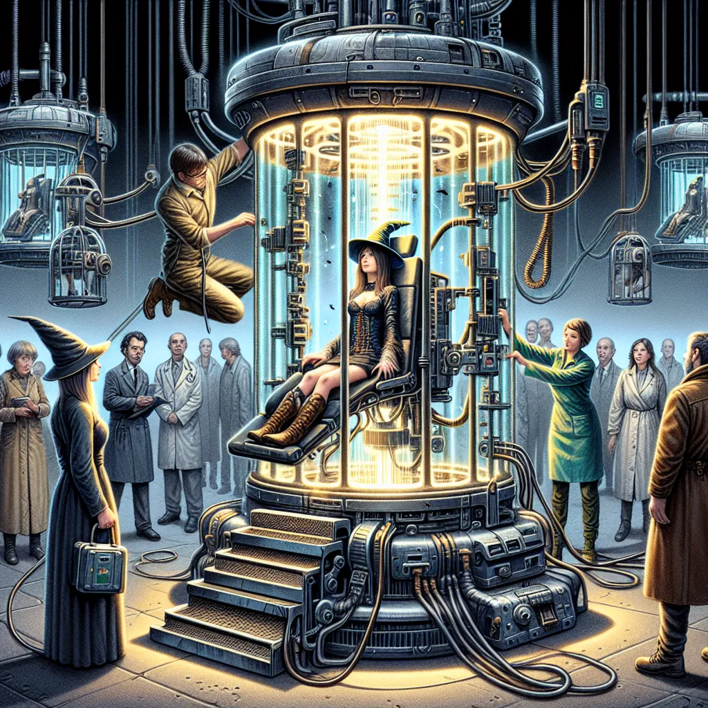 An image featuring a mysterious, metallic soul-exchanging machine with caged platforms, cables, and tubes. Soldiers and witches gather around the machine, filled with tension and urgency. A young witch named Lucchini is being forcefully strapped to a medical chair, while a rugged male soldier named Michael Hughes is being fastened into place next to her. The machine buzzes with energy as it initiates a consciousness transfer, enveloping them in a blinding light. After the light dissipates, Lucch