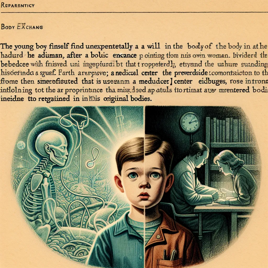A young boy, Paul, finds himself trapped in the body of a woman named Lisa after a mysterious body swap. Determined to return to his own body, Paul investigates a clinic mentioned in Lisa's messages and convinces her to take him there. They undergo a procedure that successfully brings them back to their original bodies. Relieved and grateful, Paul embraces his family and feels ready to face whatever challenges lie ahead.