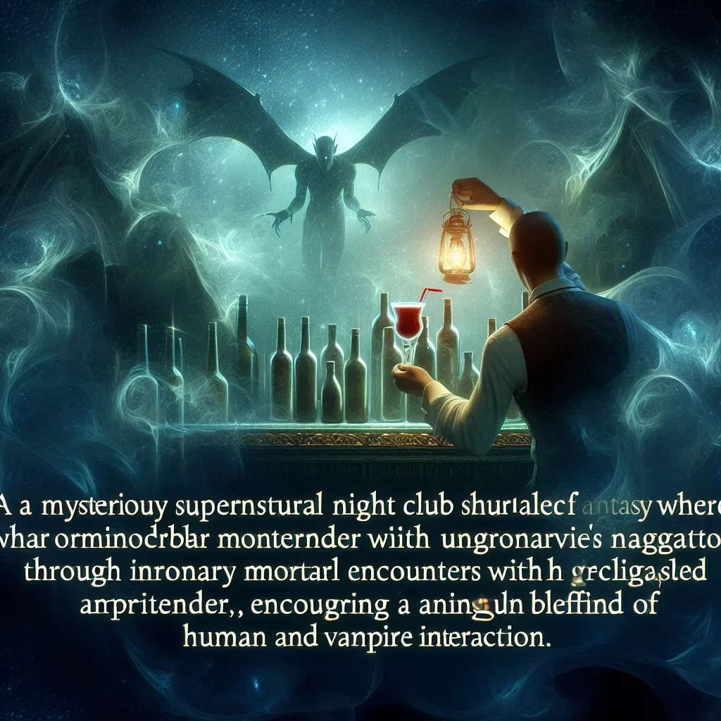 A mysterious fantasy night club where a mortal bartender navigates encounters with hidden vampires, culminating in a poignant moment of empathy and connection.