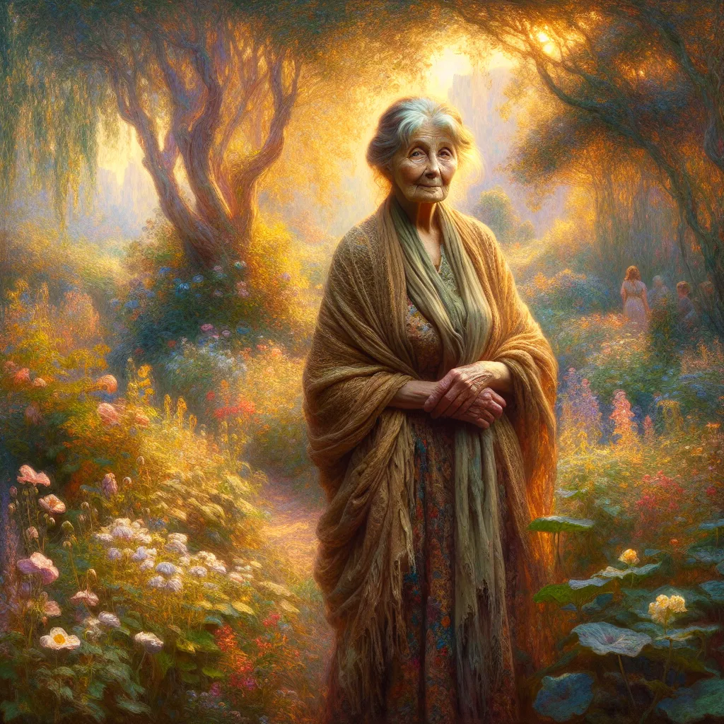 Transformation, Age, Old Woman, Memory, Adventure. in the style of Monet