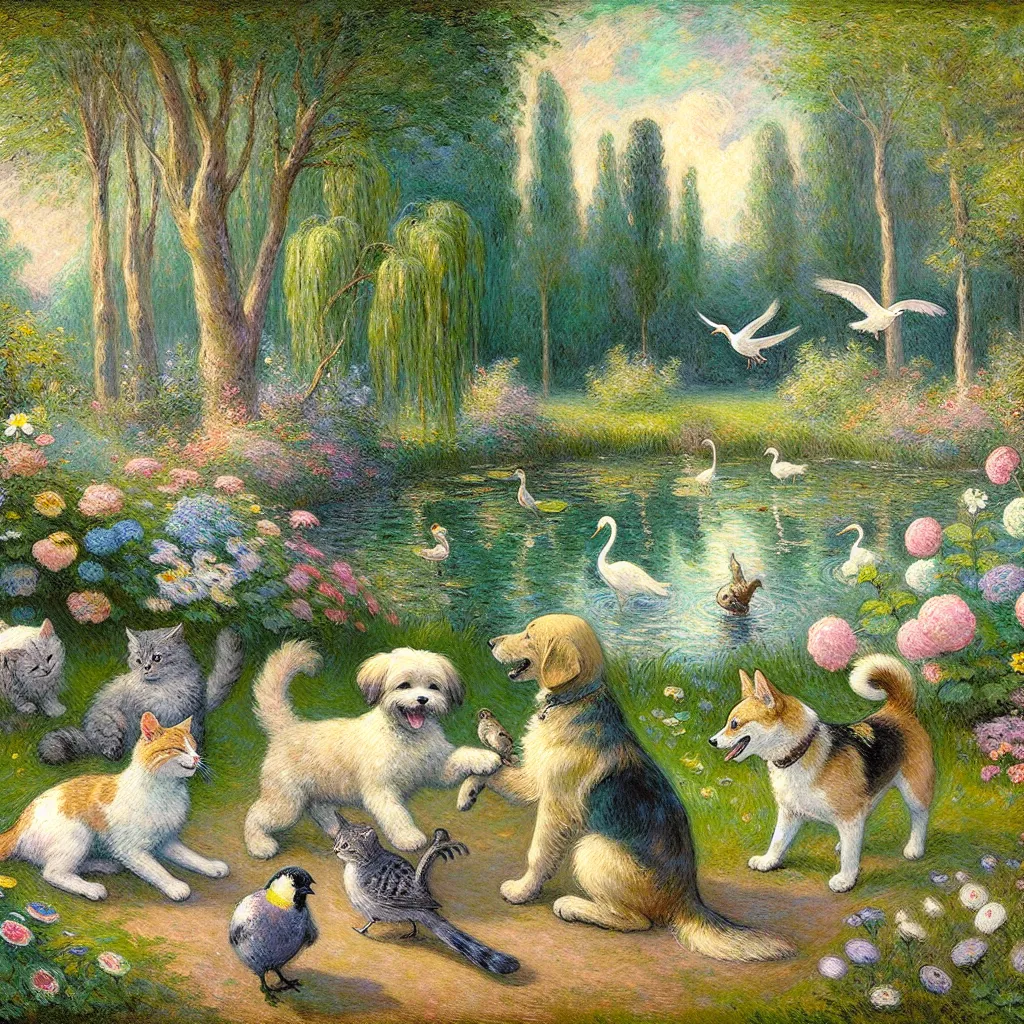 Pets, Hypnotize, Prank, Revenge, Friendship in the style of Monet