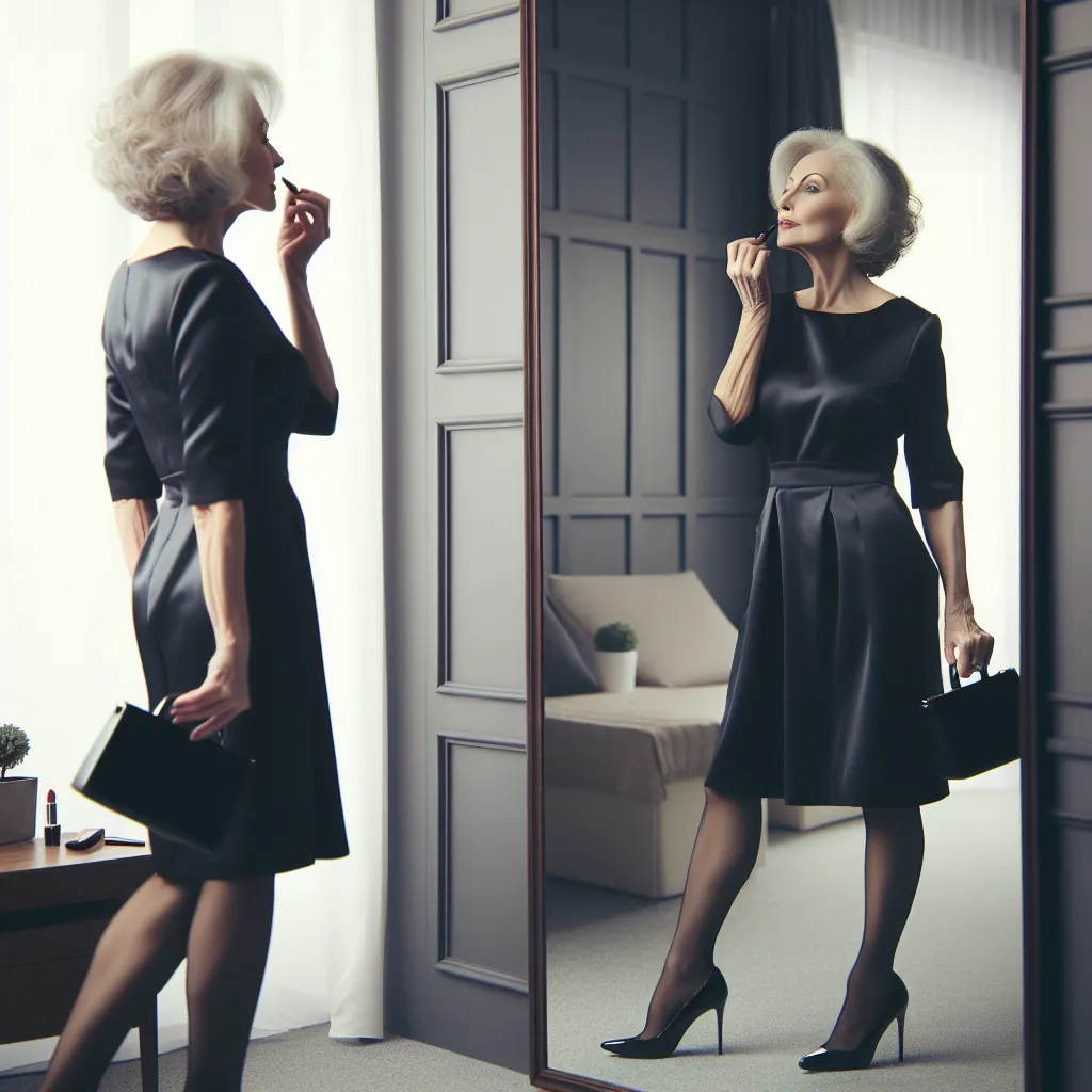 An image of a confident, elegant woman in her late 60s, dressed in a little black dress and high heels, standing in front of a mirror while getting ready for her birthday celebration. She touches up her makeup and lipstick, exuding grace and self-assurance.
