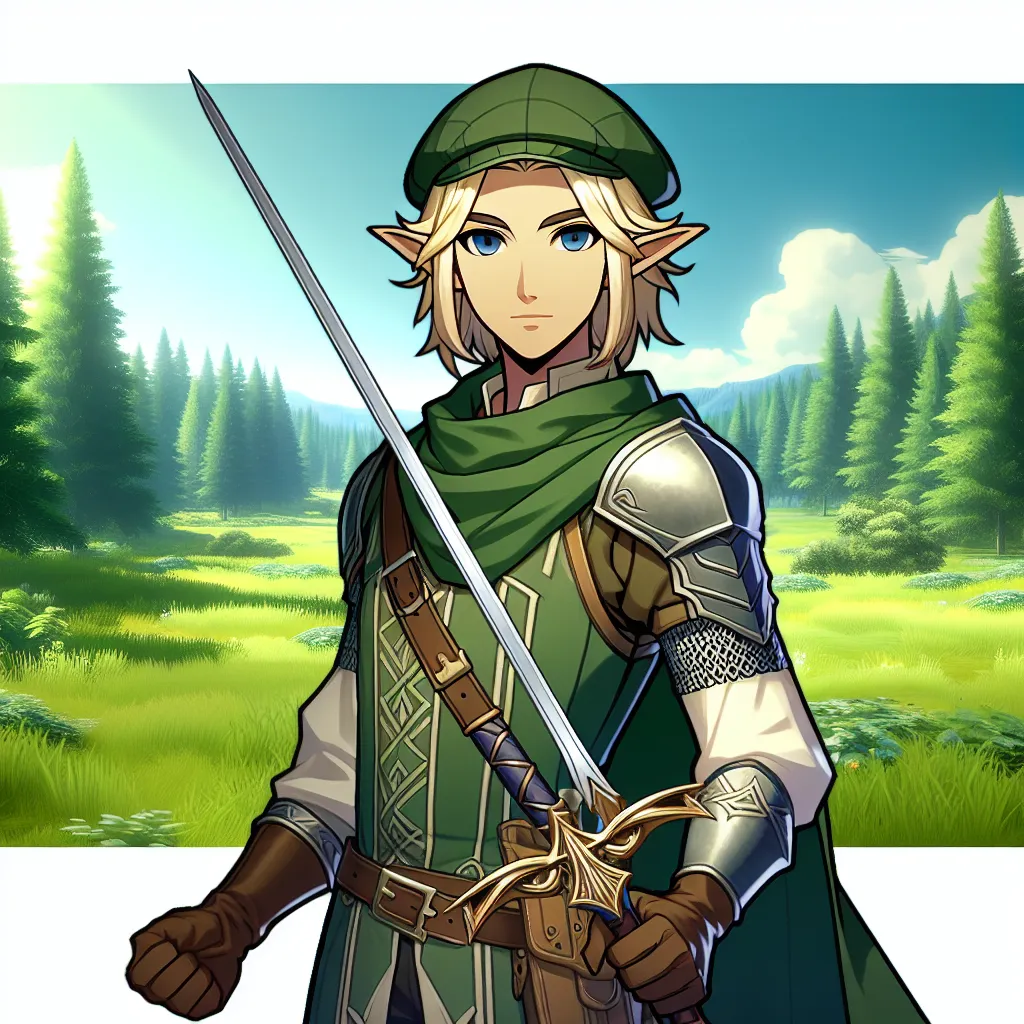 "The image shows a vivid scene of fields and forests in the land of Hyrule. A figure with blonde hair, pointy ears, and bright blue eyes, wearing a green tunic and a cap, stands ready with a sword at their side. Their expression is determined and their posture conveys bravery and determination. The image captures the essence of the Hero of Time, embodying courage and the weight of destiny as they prepare to save Hyrule from the clutches of evil."