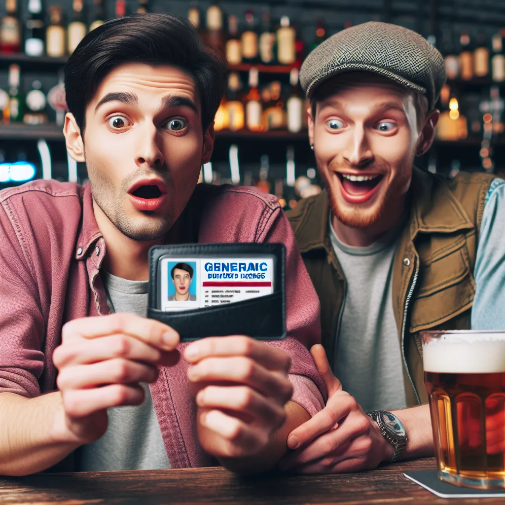 The image accompanying this story could show two friends in a bar, one person looking shocked while holding a driver's license that reads "Ashley Davies," and the other person laughing.