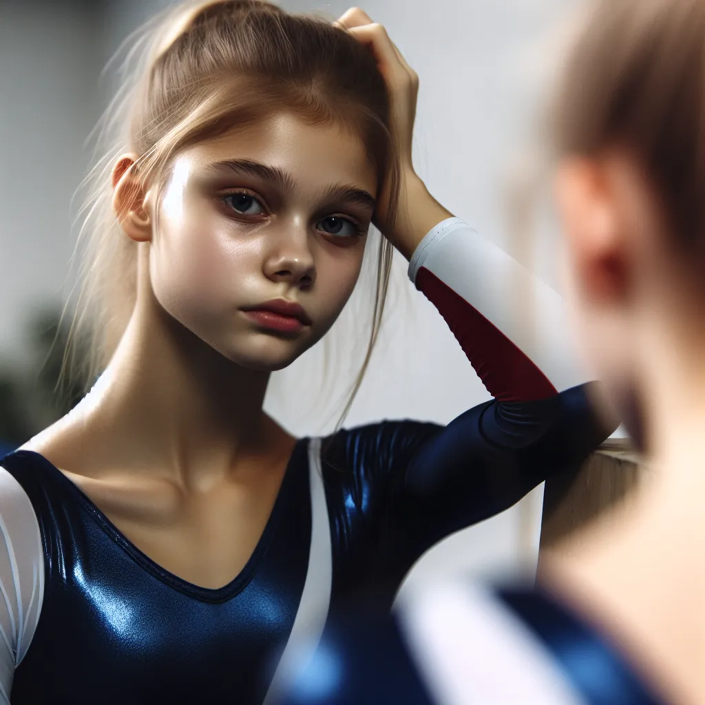 A young gymnast peels off her sweaty leotard after a grueling training session, revealing her weary yet determined expression in the mirror.