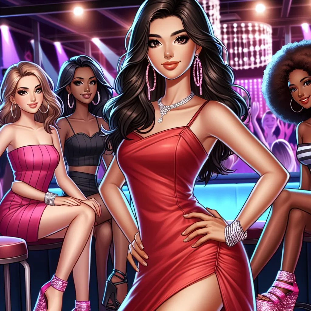 The image accompanying this story could depict a young woman in her early thirties, confidently dressed in a red mini dress and pink wedge sandals with rhinestones. She is standing in a vibrant nightclub, surrounded by her girlfriends, enjoying a girls' night out.