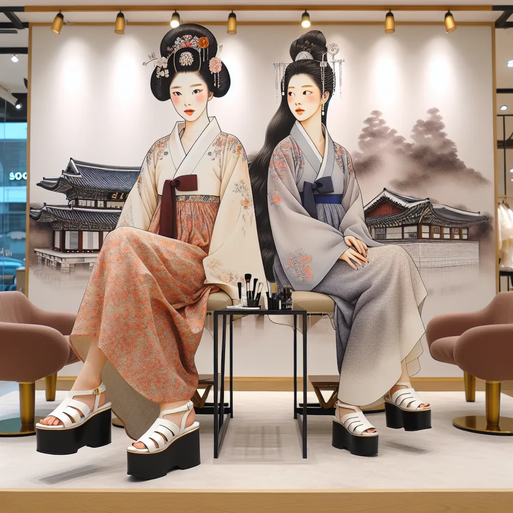 An image of a Korean salon with two women, Soo-jin and Hye-jung, wearing traditional attire and stylish platform sandals.