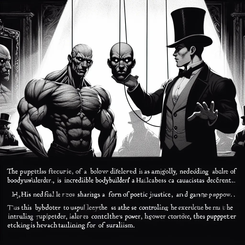 A peculiar figure in a top hat and tailcoat stands in a dimly lit room, observing a muscular bodybuilder named Tyler. Zach, a headless puppeteer, shares Tyler's body, utilizing his newfound control to exact revenge and seize power.