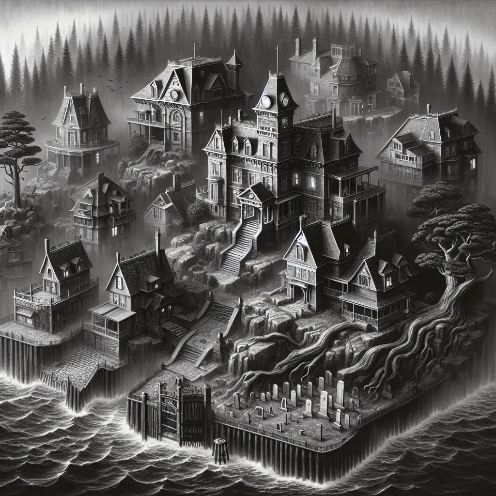 The image is a dark and eerie depiction of Blackwood, an ominous coastal town shrouded in perpetual fog and mystery. Victorian-style architecture dominates the landscape, with dilapidated mansions, narrow cobblestone streets, and sinister iron gateways. The town is surrounded by a thick forest of twisted, gnarled trees. An imposing, decrepit manor stands at the center, surrounded by an ancient graveyard. The image captures the foreboding atmosphere with its gloomy colors and the sense of lurking