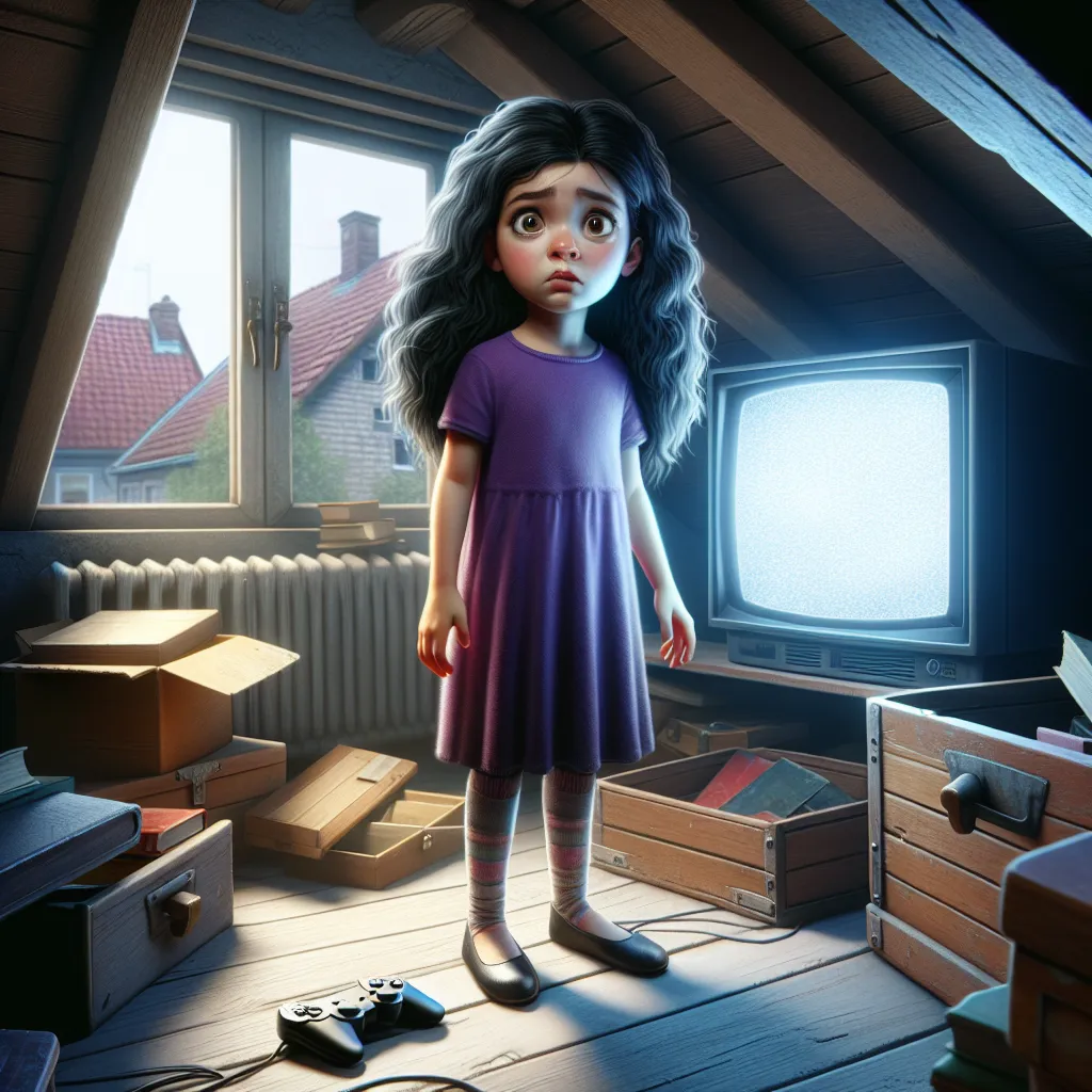 The image accompanying this story would show a young girl named Bonnie Swanson, standing in an unfamiliar attic, looking confused and worried. She is wearing a purple dress and flat shoes, with long curly black hair. The room is filled with old boxes and dust, and a game console with a flickering screen is in the foreground. Outside the attic window, a realistic-looking neighborhood can be seen. The image captures Bonnie's sense of panic and determination as she tries to understand her situation