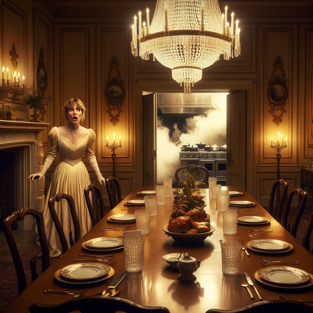 Description: Lady Samantha Skinner, dressed in elegant attire, stands in a grand dining room, anxiously awaiting the arrival of Enchantress Chalice Bartholomew. The room is adorned with sparkling chandeliers and a long, beautifully set dining table. Through the open doorway, a glimpse of a smoke-filled kitchen is visible. Lady Skinner's eyes are wide with panic as she tries to navigate the challenges of preparing a feast for the enchantress, despite her lack of culinary skills.