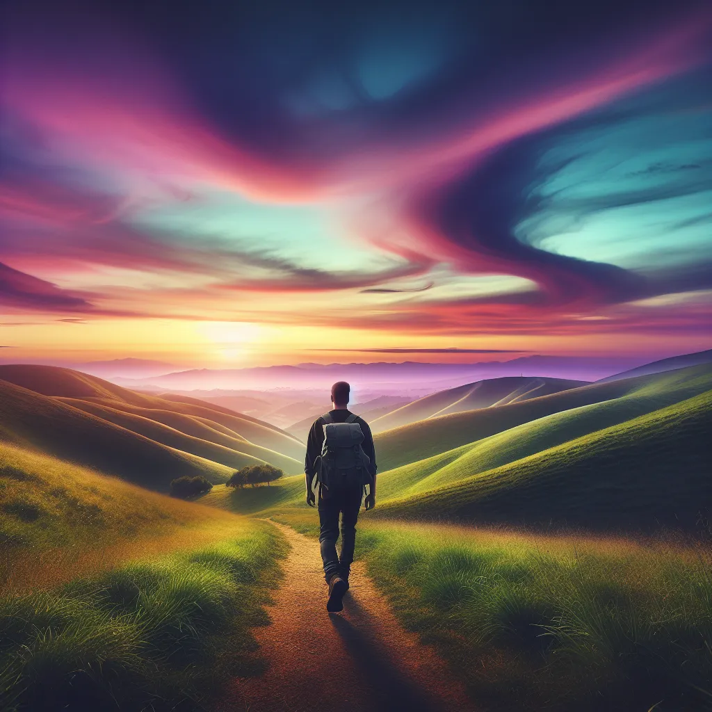 The image features a solitary figure walking along a path, surrounded by a beautiful landscape of rolling hills and a colorful sky. The scene conveys a sense of solitude and resilience, symbolizing the journey of overcoming challenges and persevering through difficult times.