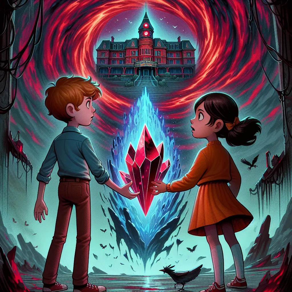 The image accompanying this story is of two siblings, a brother and sister, standing in front of the Asmodean Crystal. They are holding hands and looking at the crystal with curiosity and wonder. Behind them is a vortex of crimson and obsidian hues, leading to the vibrant and elaborate architecture of the Hazbin Hotel in Hell.