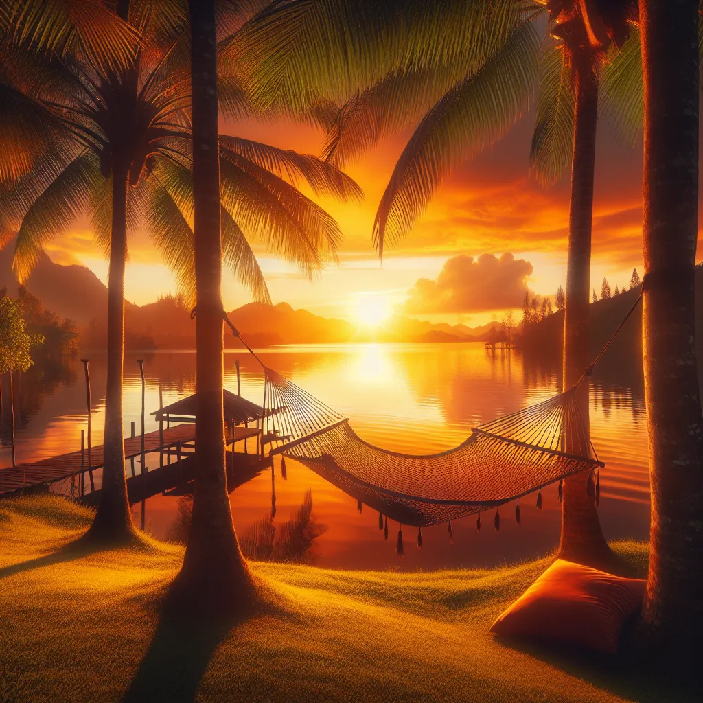 A beautiful sunset over a serene lakeside retreat, with a hammock hanging between two palm trees, inviting relaxation and tranquility.