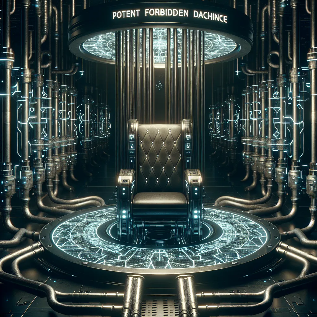 The image shows a dimly lit, mysterious room with sleek metal chairs surrounded by intricate tubes and glowing geometric patterns. The chairs are the focal point of the image, hinting at the presence of a powerful, forbidden machine known as the Soul Exchanger. The atmosphere is eerie and foreboding, setting the stage for the mysterious and dangerous events to unfold in the story.