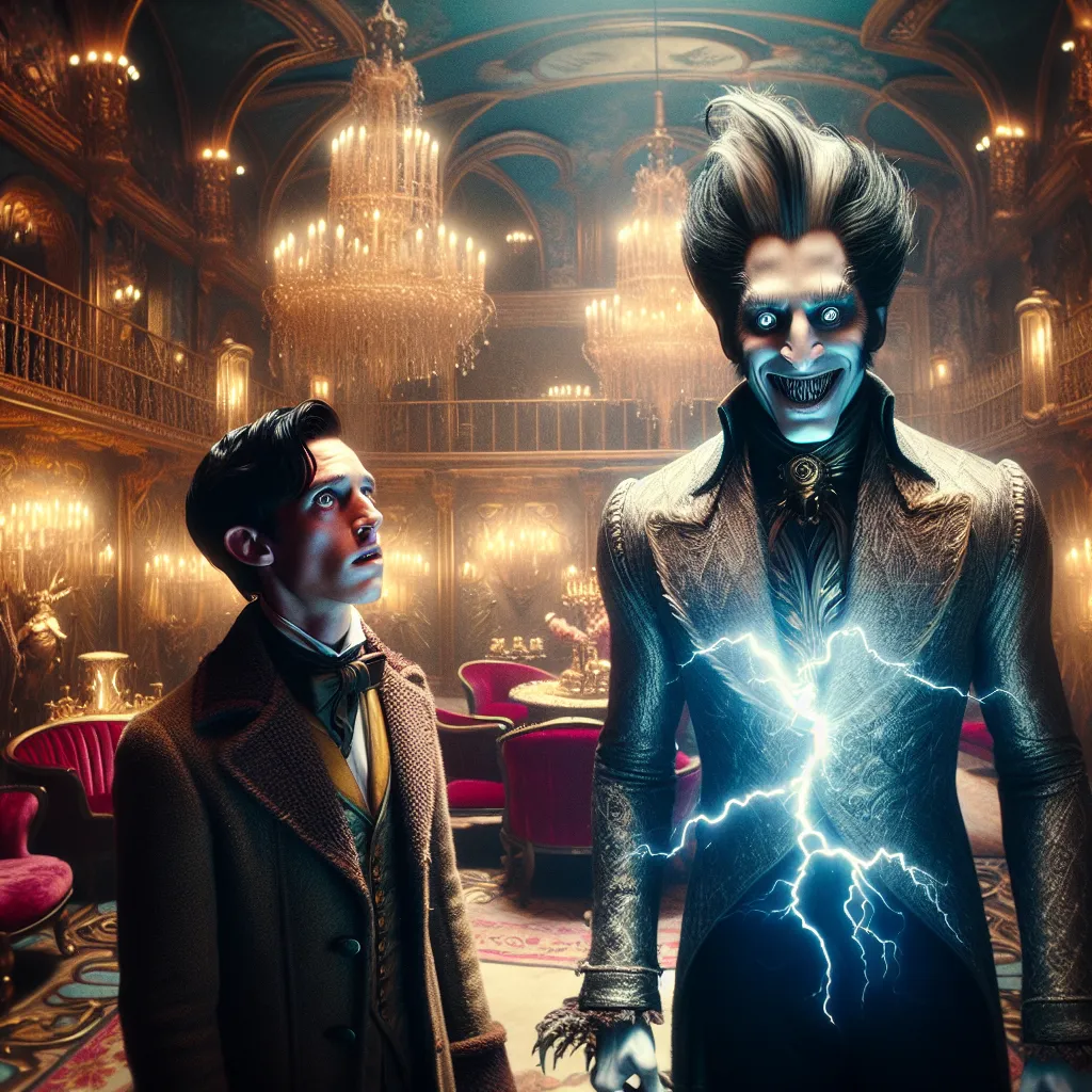 In the image, we see Charlie Morningstar and Alastor standing together in the lavishly crafted Hazbin Hotel. Charlie looks worried and hesitant, while Alastor wears an unnaturally wide smile. The room is filled with crackling energy and static, signifying Alastor's arrival. The scene is dark and atmospheric, setting the stage for their fateful encounter.