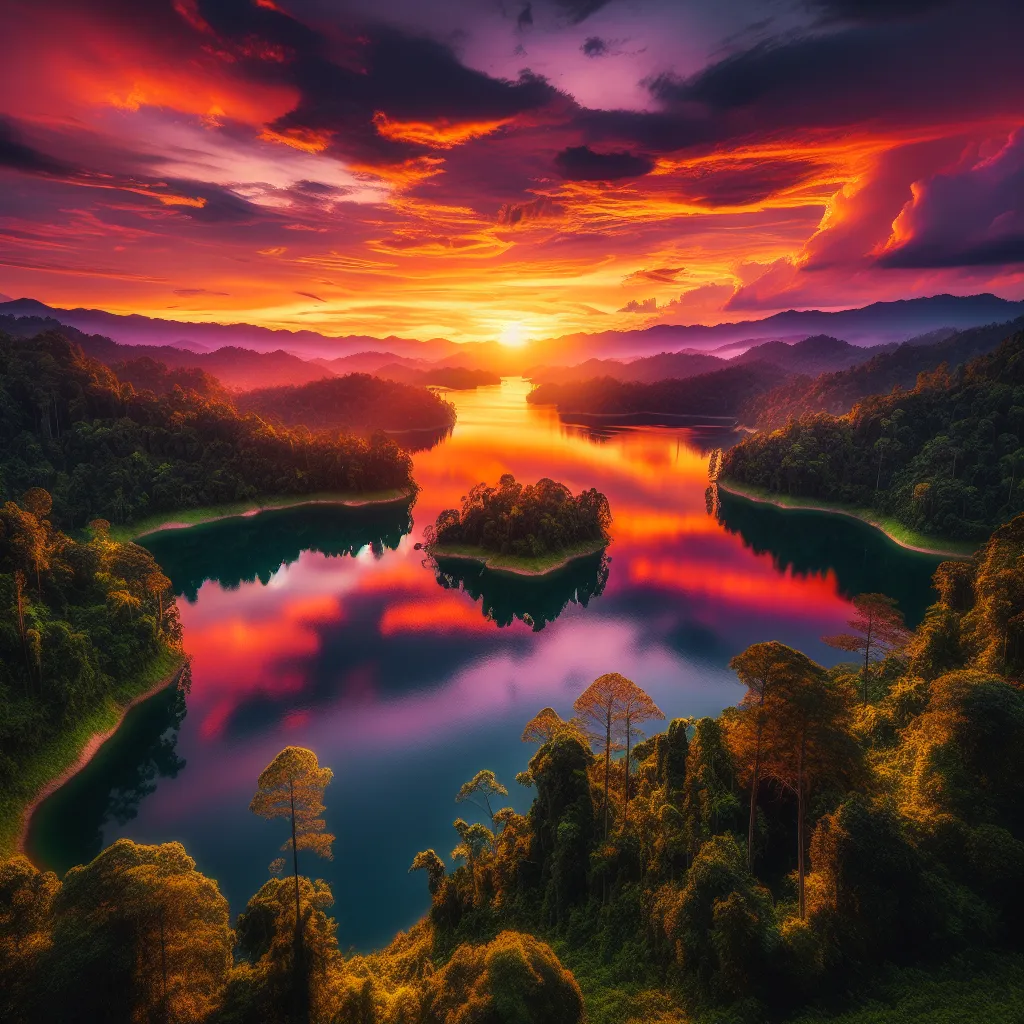A beautiful sunset over a calm lake surrounded by a lush forest, casting vibrant colors across the water.