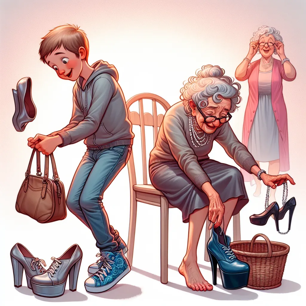 A young boy named Timmy finds a lost purse and pair of platform sandals, but when he tries them on and retrieves the items, his body begins to transform into that of an 89-year-old woman named Gertrude Peterson. Panicked, Timmy tries desperately to remove the changes and revert back to himself, but as memories of Gertrude flood her mind, she accepts her new identity as Gertrude, embracing her elegant dress, jewelry, and new lease on life.