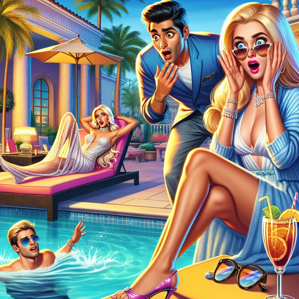 Two friends at a pool witness a bizarre event where one of them accidentally switches bodies with a woman lounging nearby. The story unfolds as they navigate the unfamiliar situation, discovering the woman's identity and luxurious lifestyle. The image will depict the moment of realization by the pool, capturing the friends' expressions of shock and amusement.