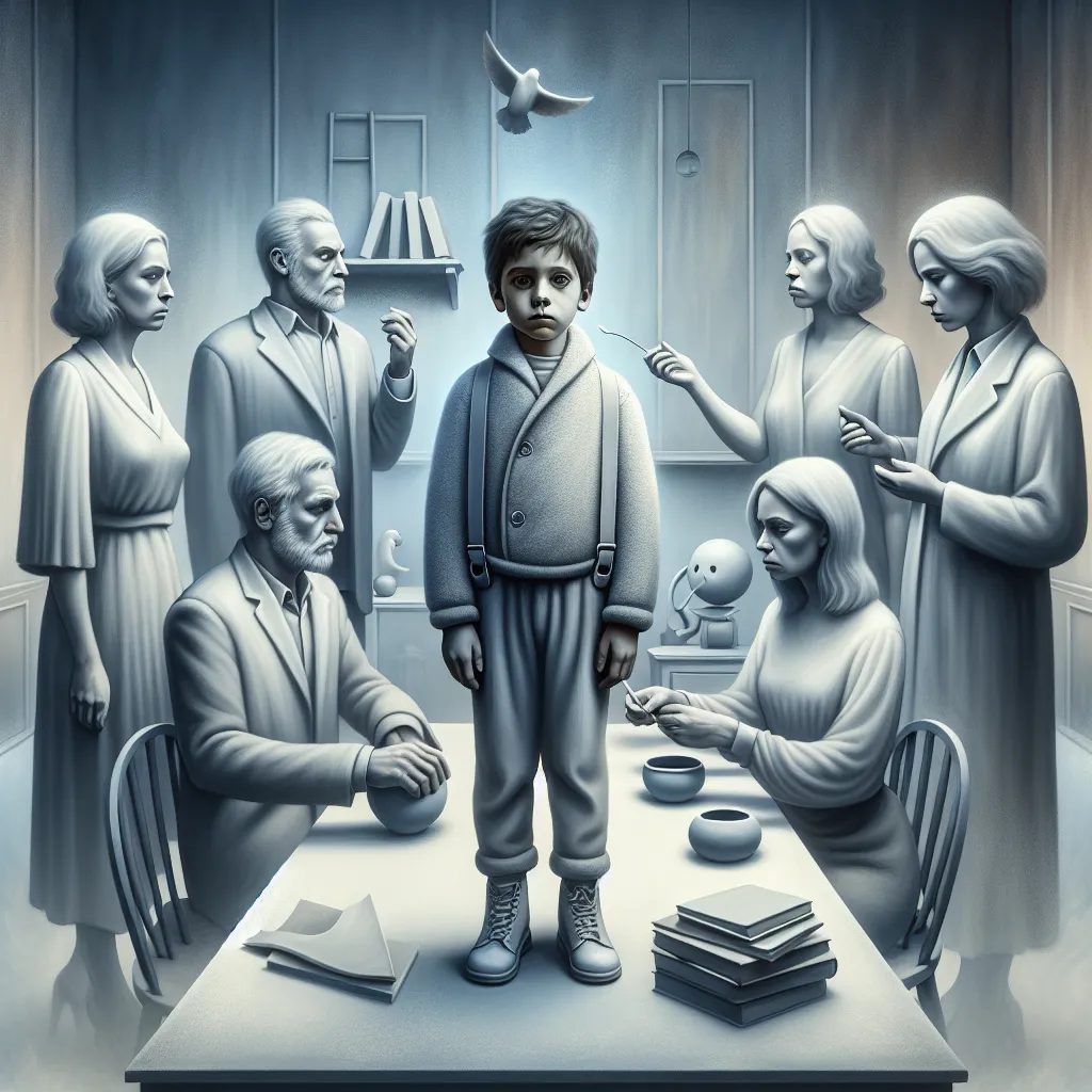 A haunting image of a young Japanese boy trapped in the body of a girl, struggling to navigate a world where he is unseen and misunderstood, surrounded by cold and uncaring parents enforcing the facade of normalcy.