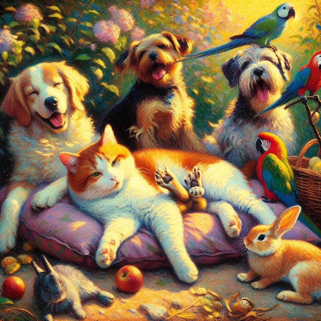 Pets, Hypnosis, Prank, Friendship, Chaos in the style of Monet