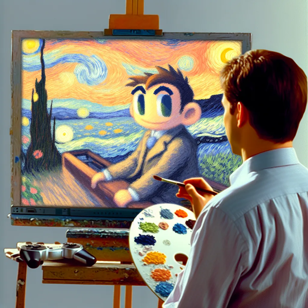 Tommy, Cartoon characters, Console, Transformation, Identity in the style of Monet