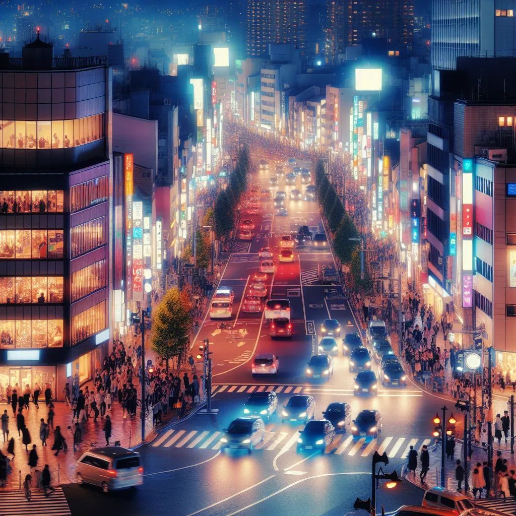 A colorful and vibrant cityscape at night, with a busy street bustling with cars and people, illuminated by the glow of neon lights.